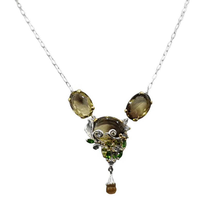 Colier din argint cu pandant cu cuart lemon, citrin, topaz, crom diopsid si peridot - Madammi.ro