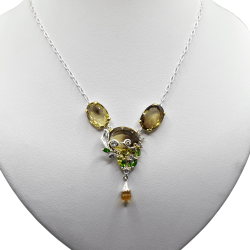 Colier din argint cu pandant cu cuart lemon, citrin, topaz, crom diopsid si peridot - Madammi.ro