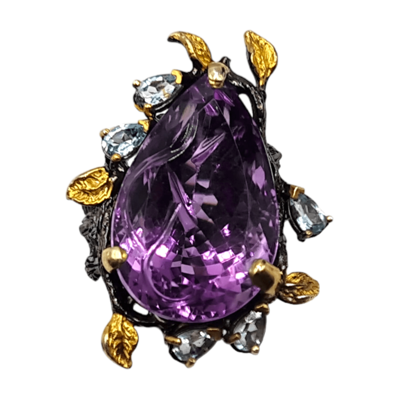 Inel argint cu ametist gravat 34ct si topaz - Madammi.ro