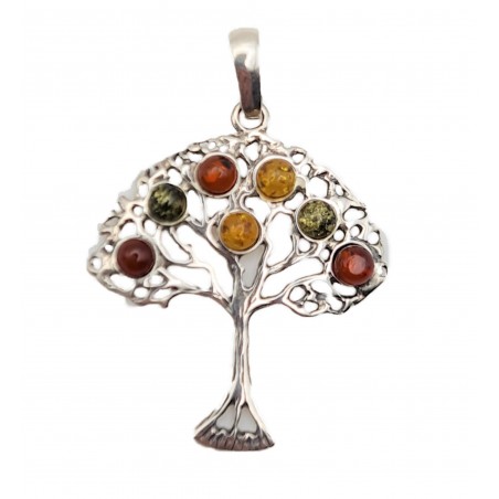 Pandantiv din argint cu montura de chihlimbar multicolor - copacul vietii