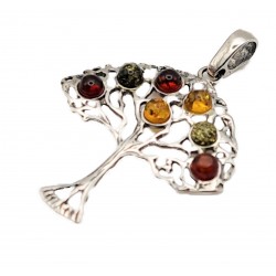 Pandantiv din argint cu montura de chihlimbar multicolor - copacul vietii