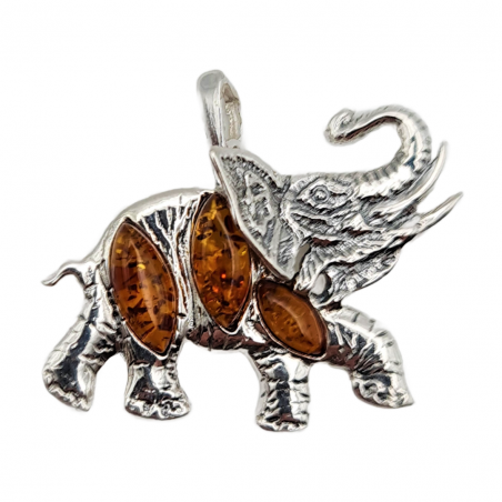 Pandantiv din argint cu montura de chihlimbar - elefant norocos