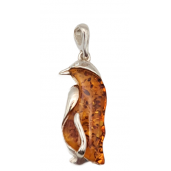 Pandantiv din argint cu montura de chihlimbar si cubic zirconia - pinguin