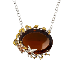 Colier din argint cu pandant cu cuart coniac 43ct, blue topaz si cubic zirconia-steluta de mare-Madammi.ro