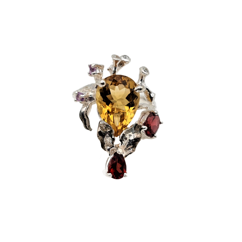 Inel din argint cu citrin, granat, ametist si cubic zirconia-Madammi.ro