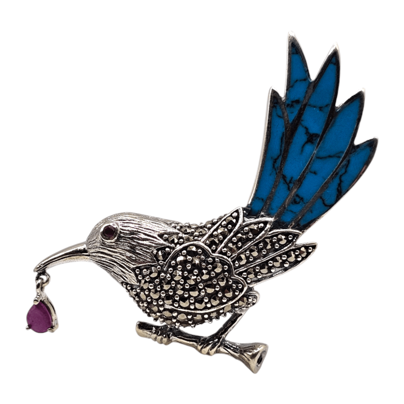 Brosa din argint cu turcoaz, marcasite si rubin - Pasare Colibri - Madammi.ro Brosa din argint cu turcoaz, marcasite si rubin - Pasare Colibri - Madammi.ro