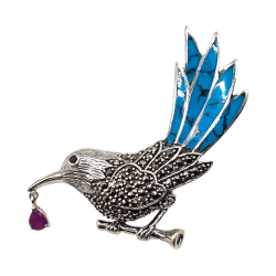 Brosa din argint cu turcoaz, marcasite si rubin - Pasare Colibri - Madammi.ro