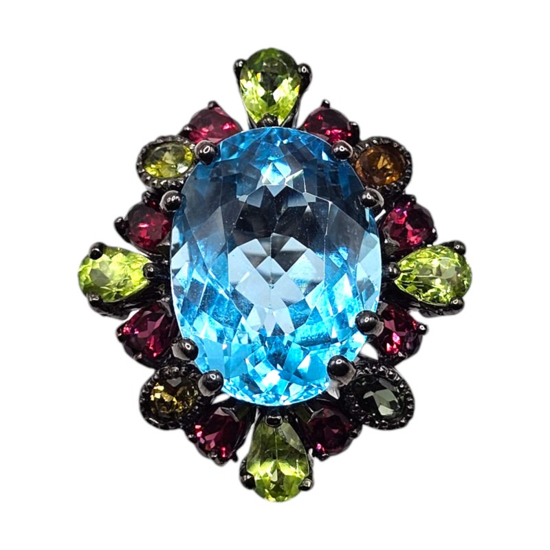 Inel din argint cu swiss blue topaz 20ct, peridot si rodolit - Madammi.ro