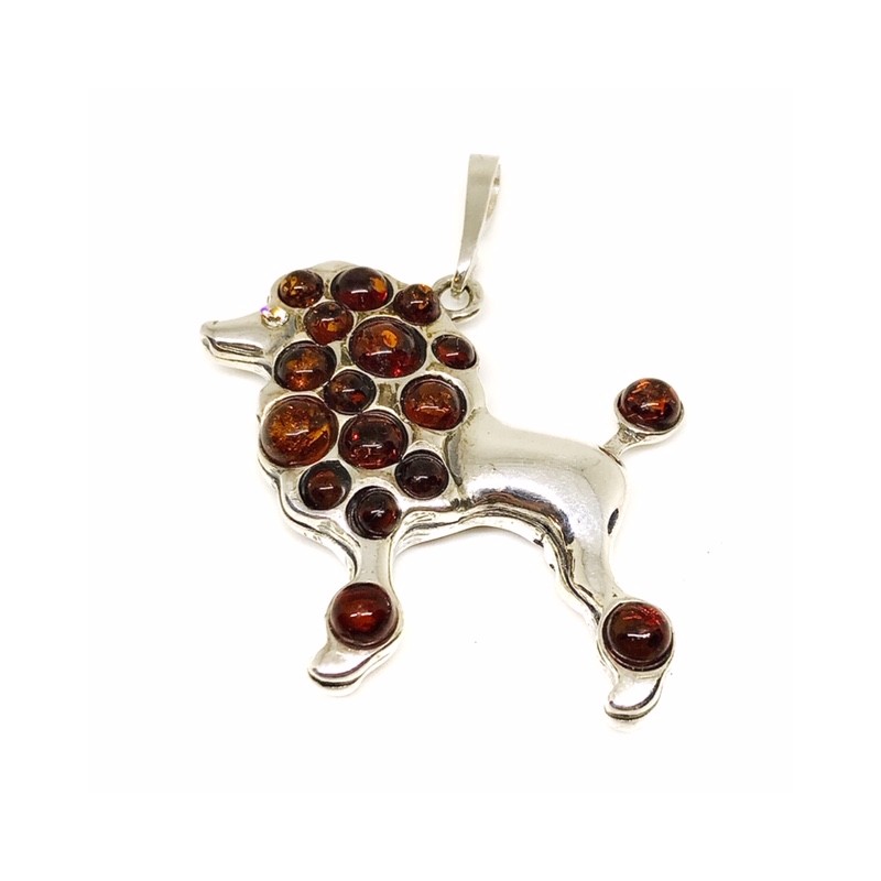 Pandantiv din argint cu montura de chihlimbar baltic si cubic zirconia- caine poodle