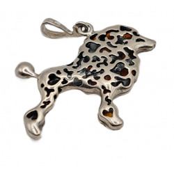 Pandantiv din argint cu montura de chihlimbar baltic si cubic zirconia- caine poodle