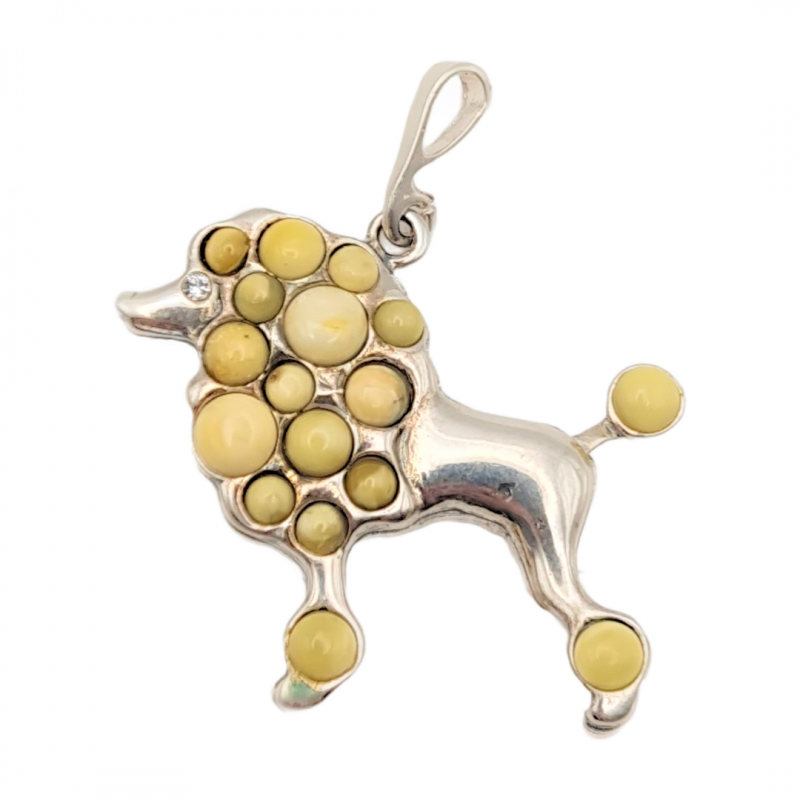 Pandantiv din argint cu montura de chihlimbar butterscotch si cubic zirconia- caine poodle