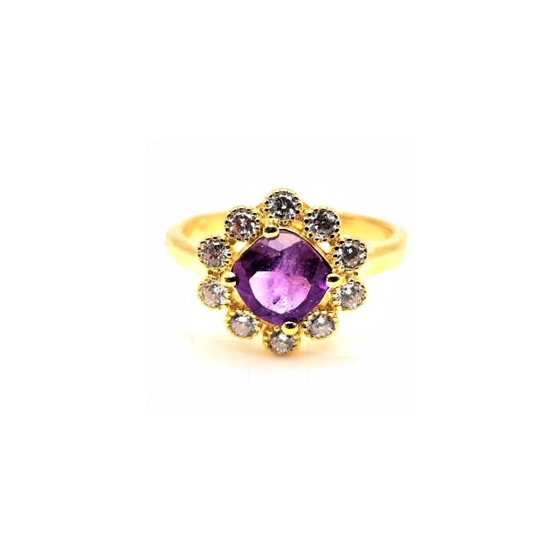 Inel din argint cu ametist si cubic zirconia-floare-Madammi.ro