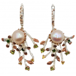 Cercei din argint cu montura de perla, peridot crom diopsid si cubic zirconia - Madammi.ro