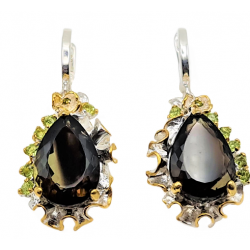 Cercei din argint cu montura de cuart fumuriu, peridot si cubic zirconia