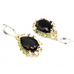 Cercei din argint cu montura de cuart fumuriu, peridot si cubic zirconia