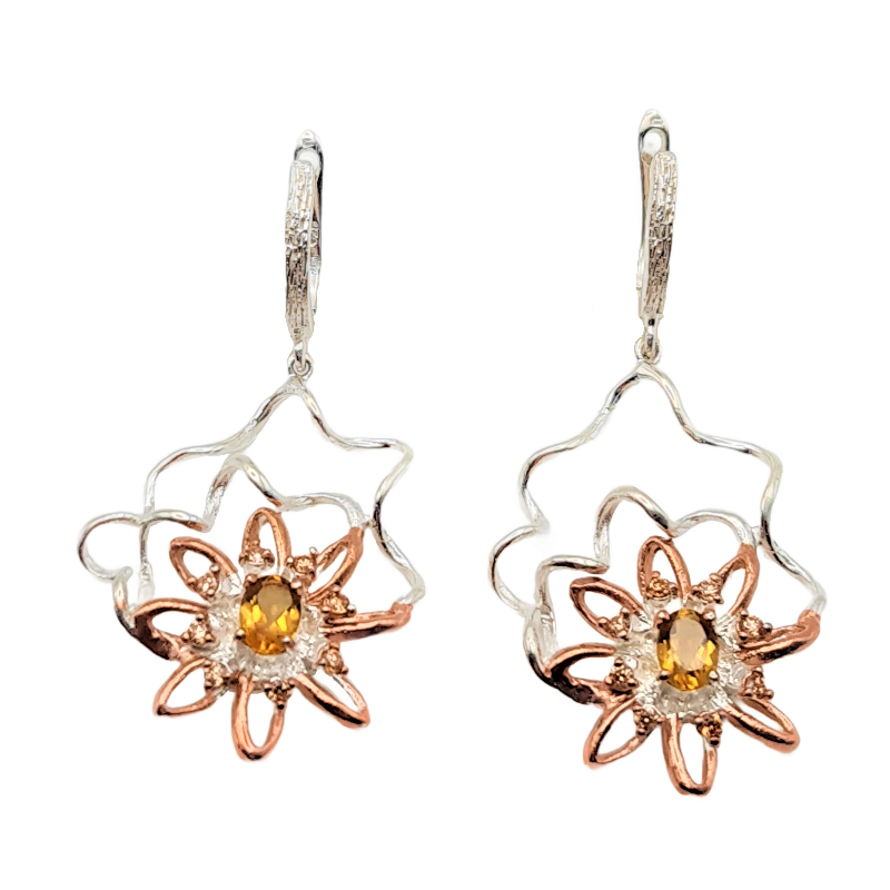 Cercei din argint cu montura de citrin si cubic zirconia - floare Cercei din argint cu montura de citrin si cubic zirconia - floare