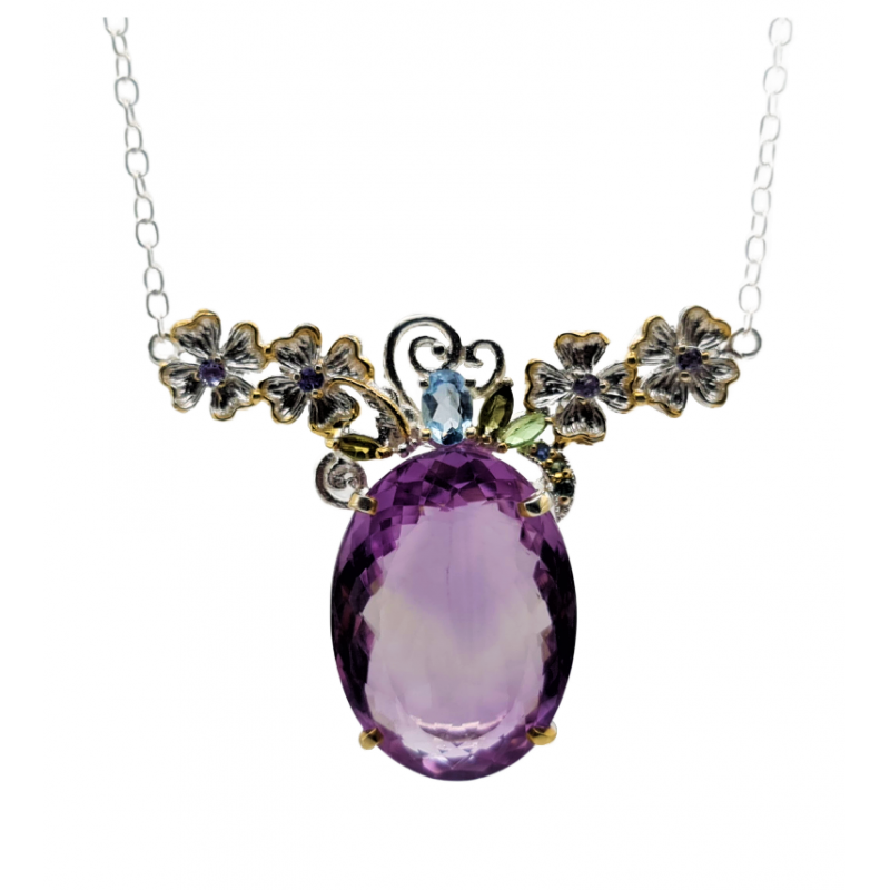 Colier din argint cu pandant cu ametist 30ct, blue topaz, tanzanit , turmalina si safir - Madammi.ro Colier din argint cu pandant cu ametist 30ct, blue topaz, tanzanit , turmalina si safir - Madammi.ro
