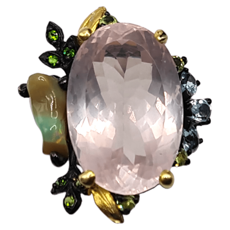 Inel din argint cu cuart roz, opal, peridot si crom diopsid - Madammi.ro